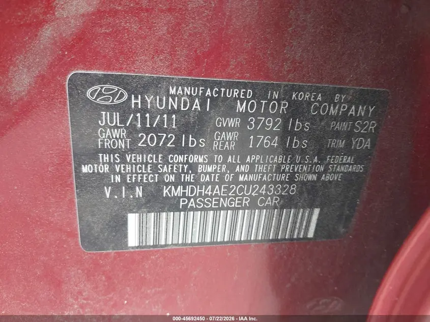 2012 HYUNDAI ELANTRA LIMITED (ULSAN PLANT)