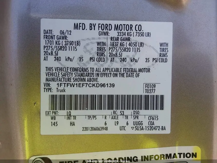 2012 FORD F-150 LARIAT