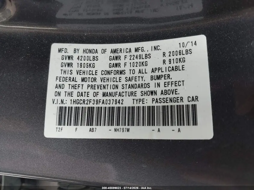 2015 HONDA ACCORD LX