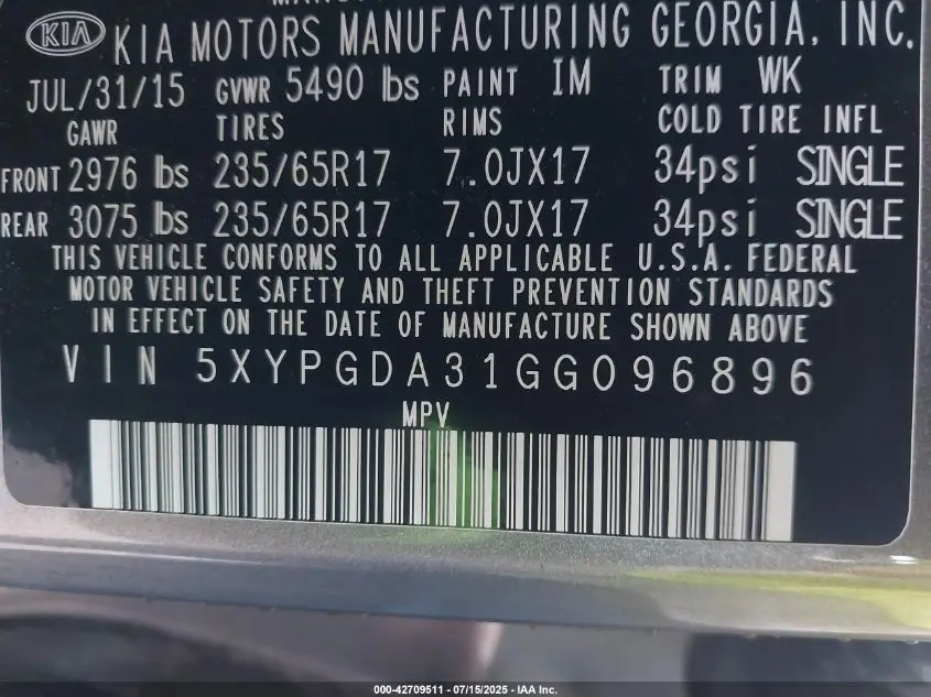 2016 KIA SORENTO 2.4L LX