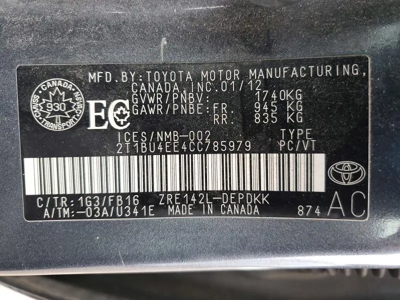 2012 TOYOTA COROLLA L  