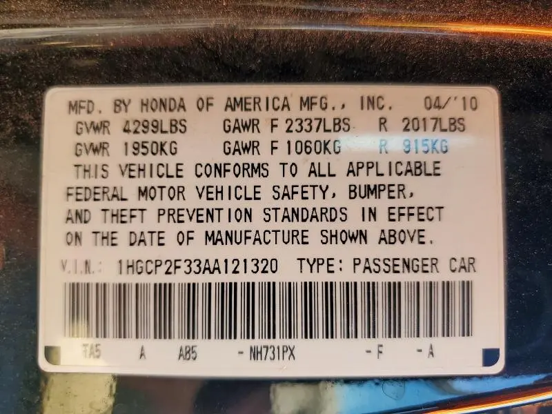 2010 HONDA ACCORD LX  