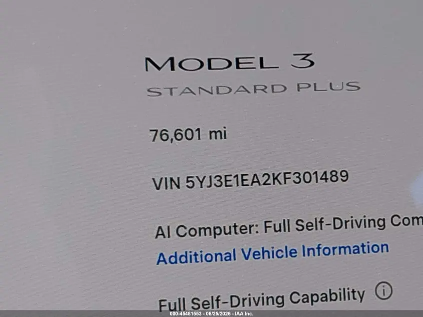 2019 TESLA MODEL 3 LONG RANGE/MID RANGE/STANDARD RANGE/STANDARD RANGE PLUS