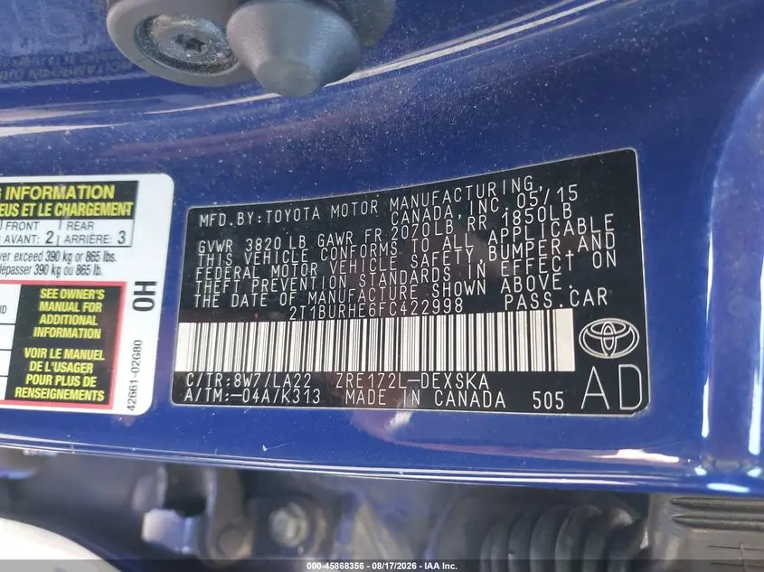 2015 TOYOTA COROLLA S PREMIUM