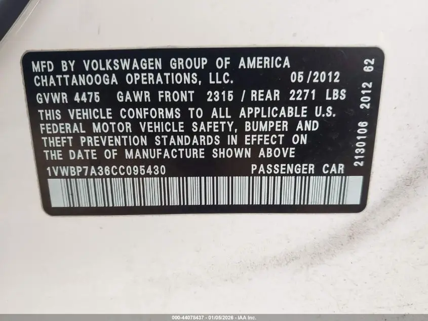 2012 VOLKSWAGEN PASSAT 2.5L SE