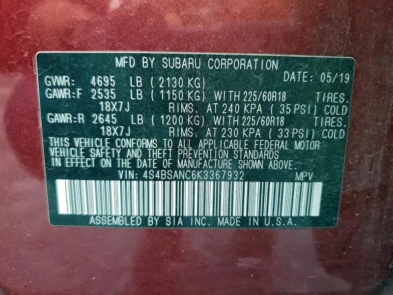 2019 SUBARU OUTBACK 2.5I LIMITED  