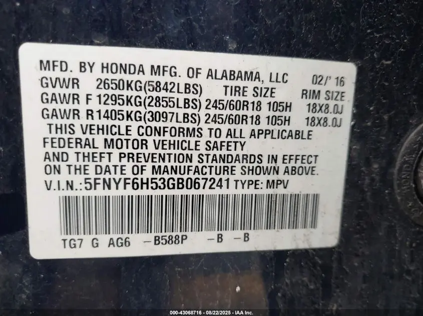 2016 HONDA PILOT EX-L