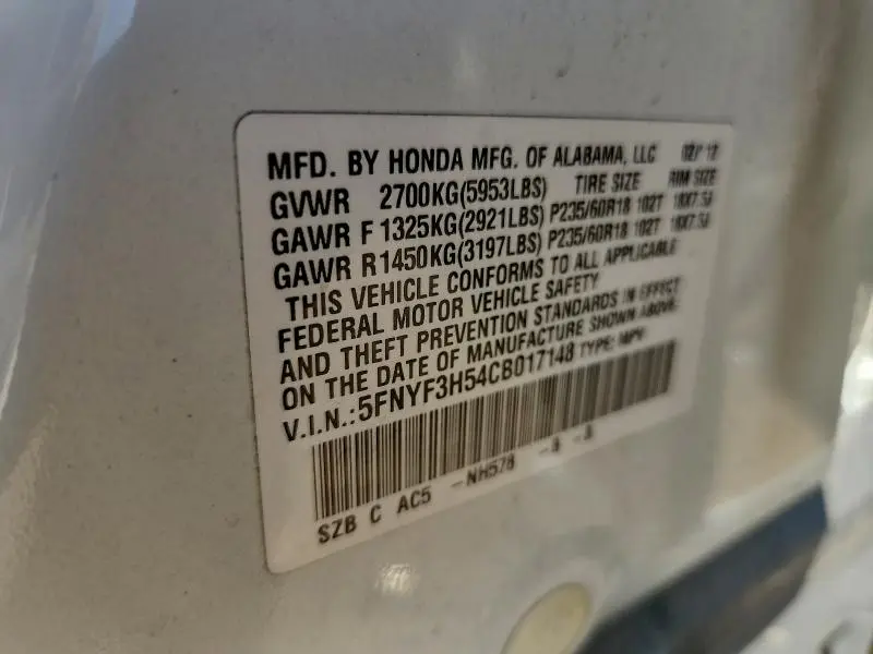 2012 HONDA PILOT EXL  