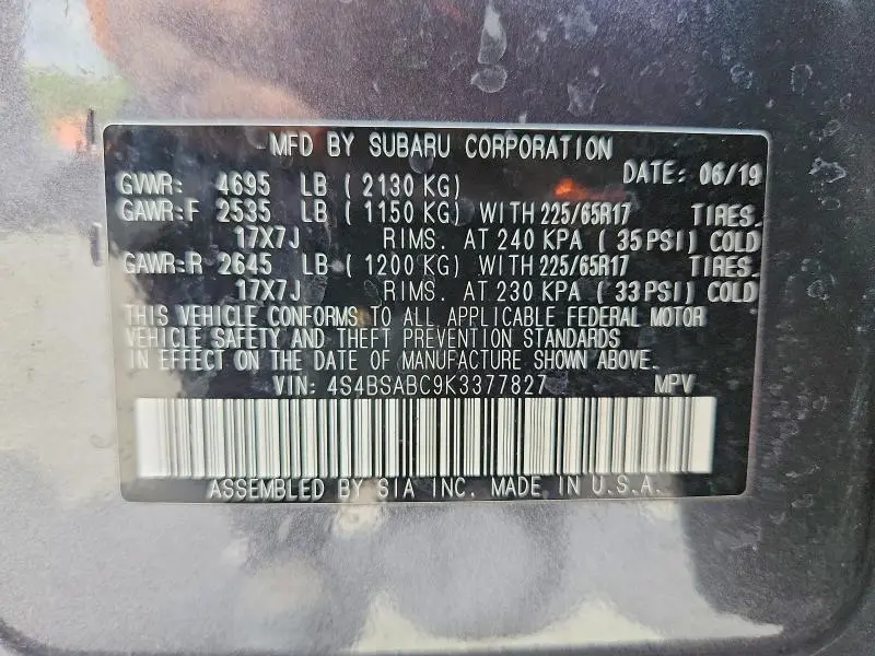 2019 SUBARU OUTBACK 2.5I  