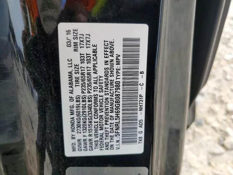 2016 HONDA ODYSSEY EXL  