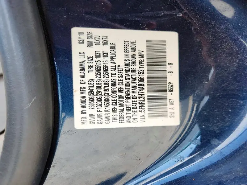 2010 HONDA ODYSSEY EXL  