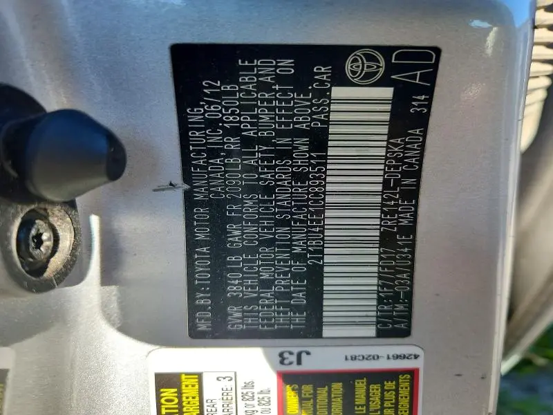 2012 TOYOTA COROLLA S  