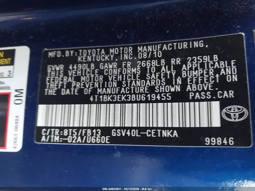 2011 TOYOTA CAMRY LE V6