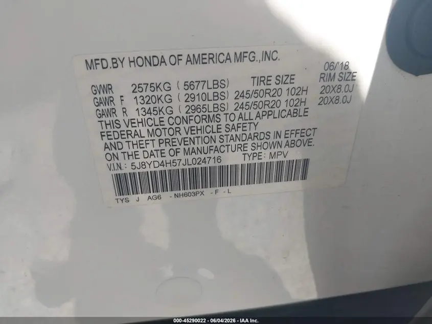 2018 ACURA MDX TECHNOLOGY PACKAGE   ACURAWATCH PLUS PKG