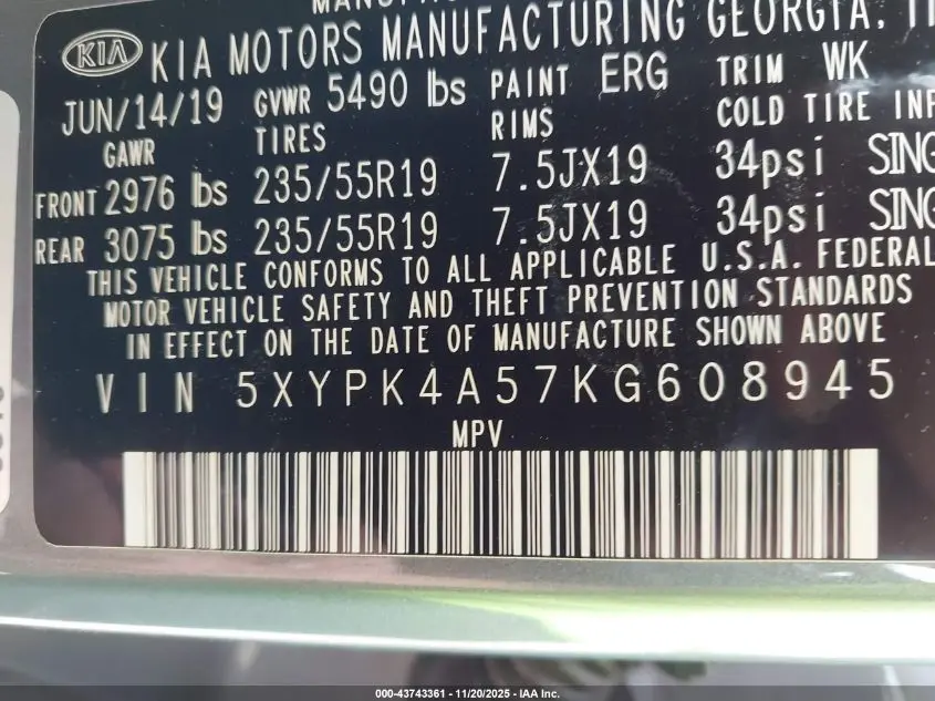 2019 KIA SORENTO 3.3L SXL