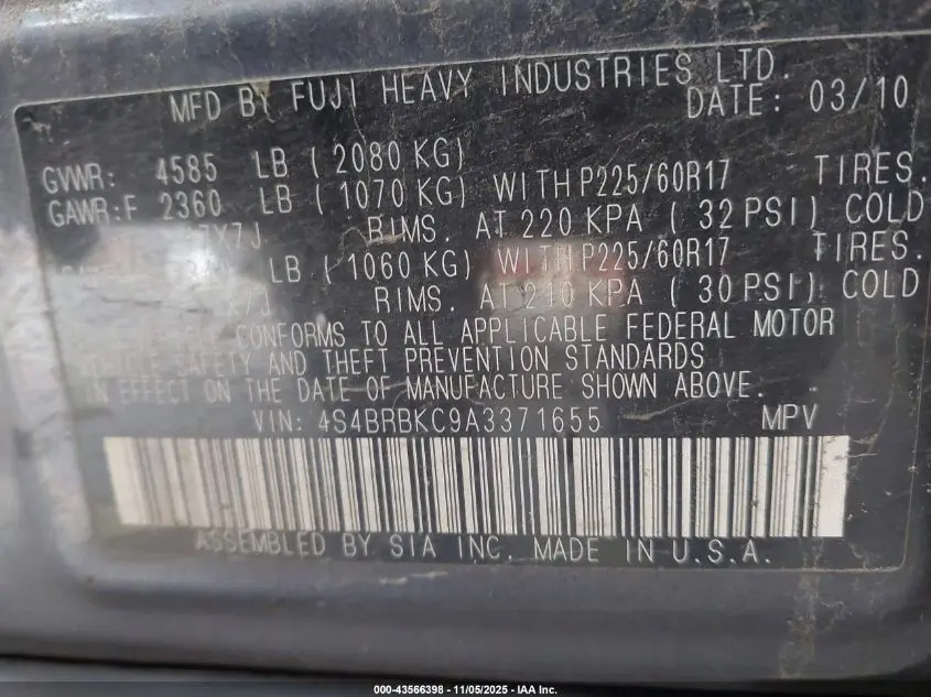 2010 SUBARU OUTBACK 2.5I LIMITED