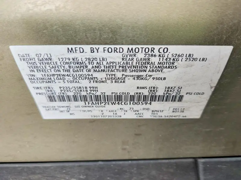 2012 FORD TAURUS SEL  