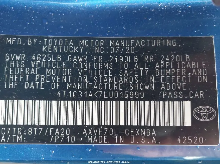 2020 TOYOTA CAMRY LE HYBRID