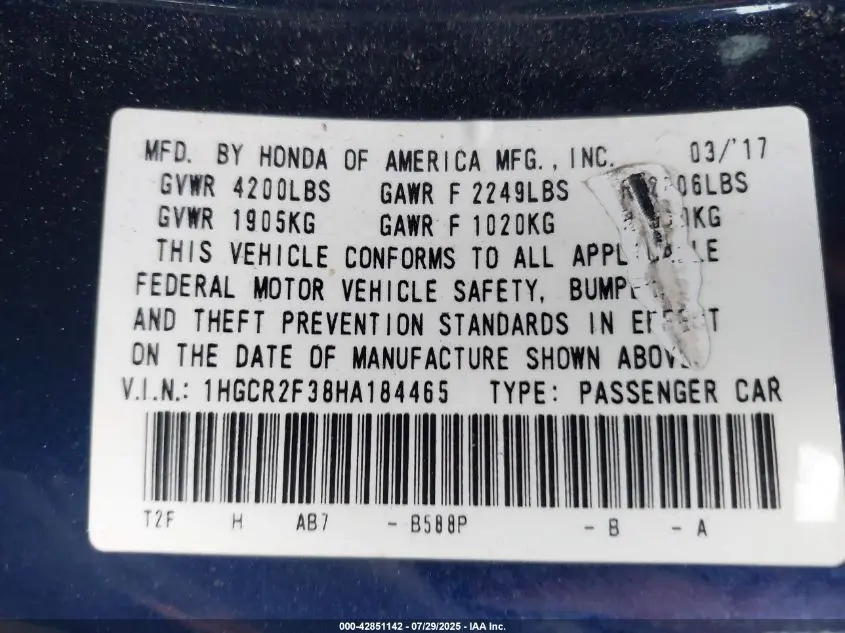 2017 HONDA ACCORD LX