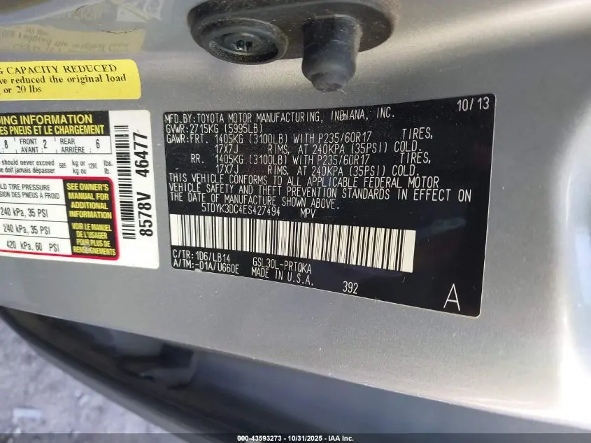 2014 TOYOTA SIENNA XLE V6 8 PASSENGER