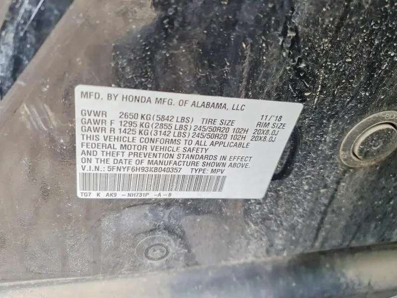 2019 HONDA PILOT TOURING  