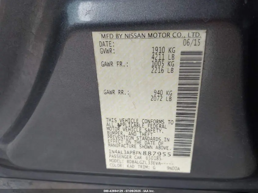 2015 NISSAN ALTIMA 2.5/2.5 S/2.5 SL/2.5 SV
