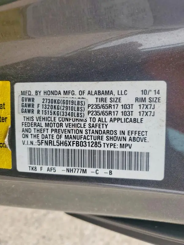 2015 HONDA ODDESEY   