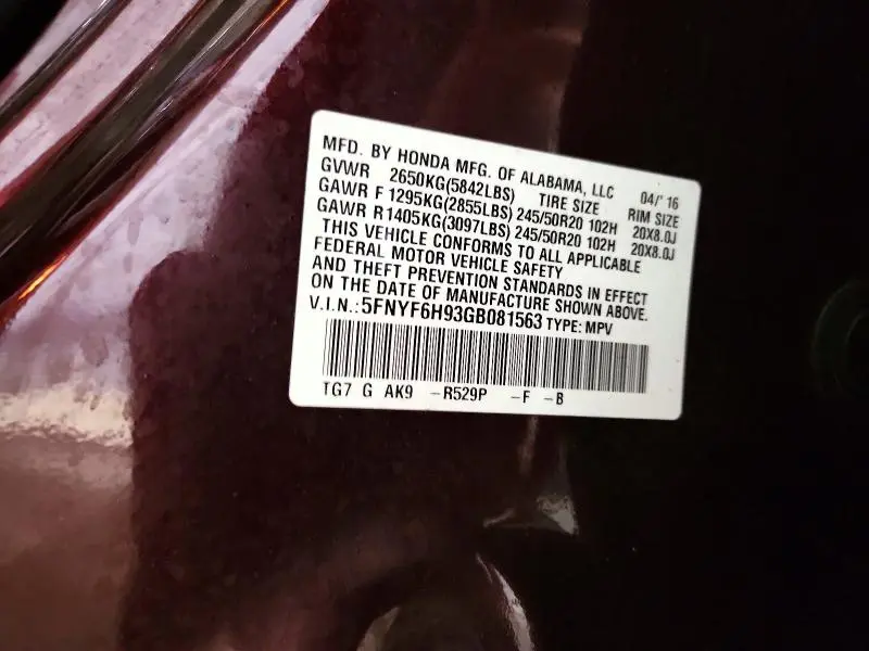 2016 HONDA PILOT TOURING  