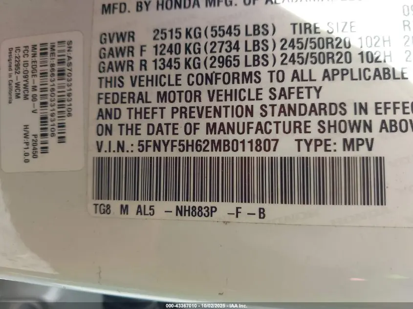 2021 HONDA PILOT 2WD TOURING 7 PASSENGER