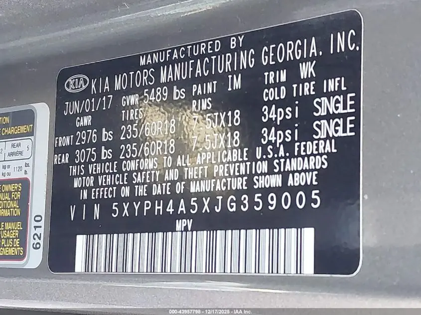 2018 KIA SORENTO 3.3L EX