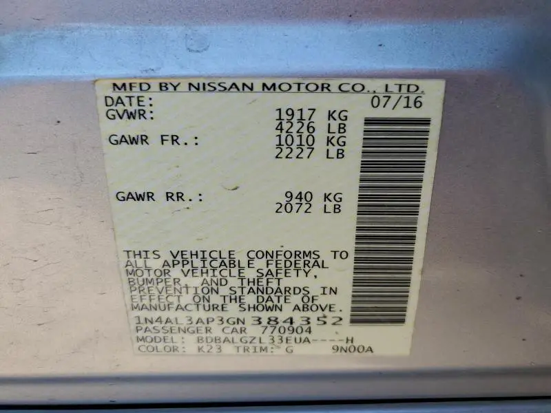 2016 NISSAN ALTIMA 2.5  