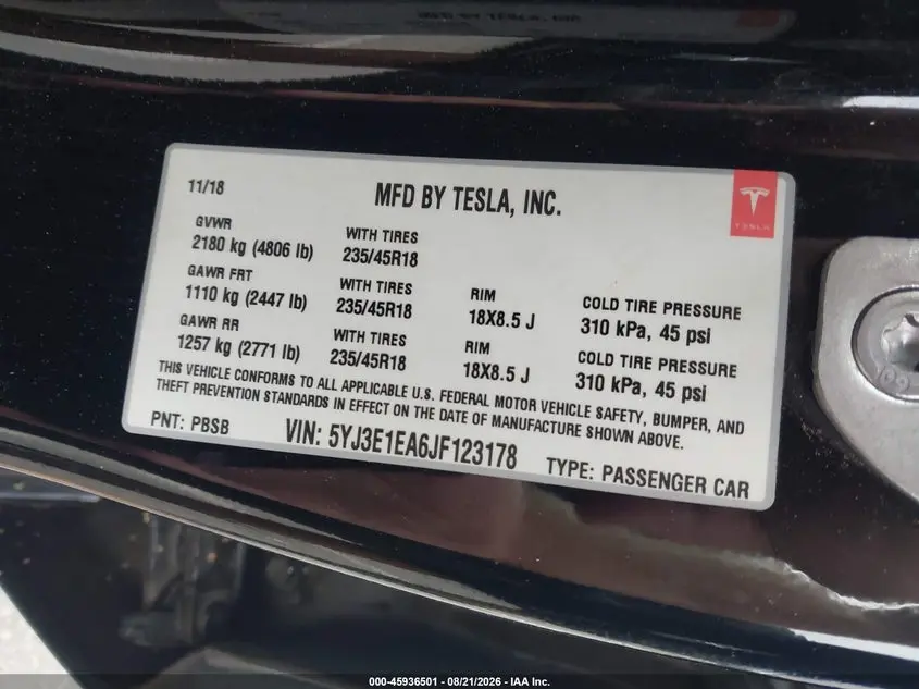 2018 TESLA MODEL 3 LONG RANGE/MID RANGE