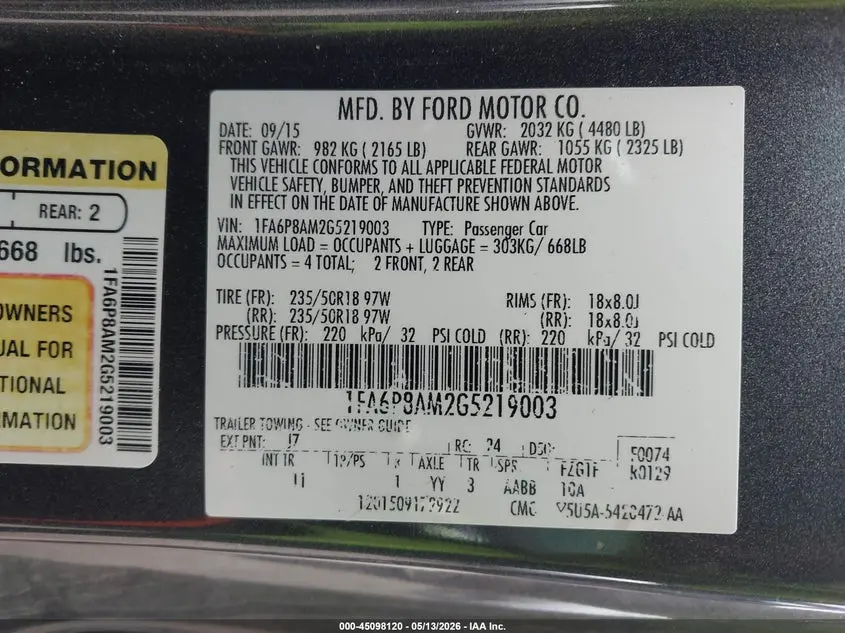 2016 FORD MUSTANG V6