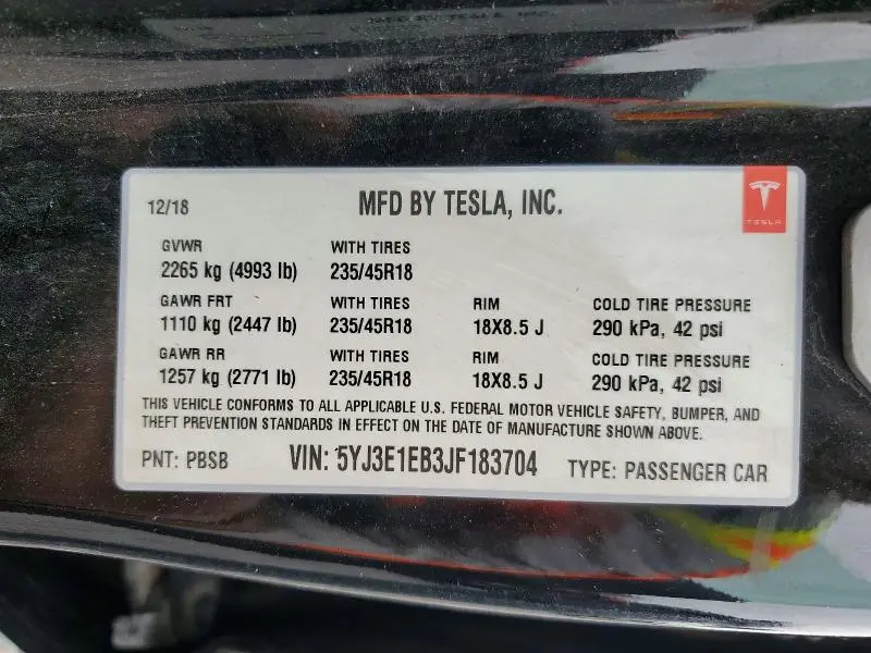 2018 TESLA MODEL 3   