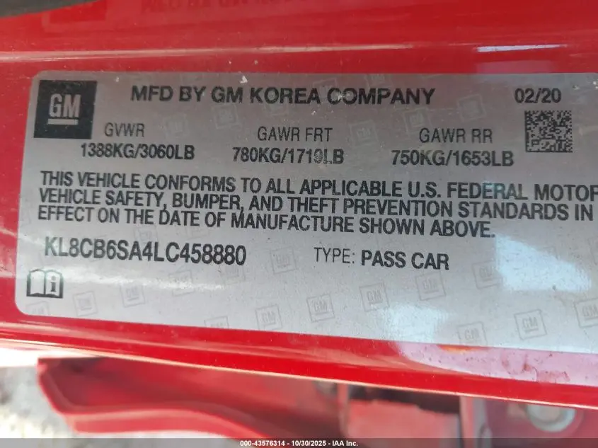 2020 CHEVROLET SPARK FWD LS AUTOMATIC