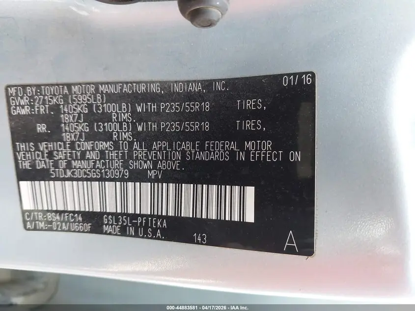 2016 TOYOTA SIENNA LE 7 PASSENGER