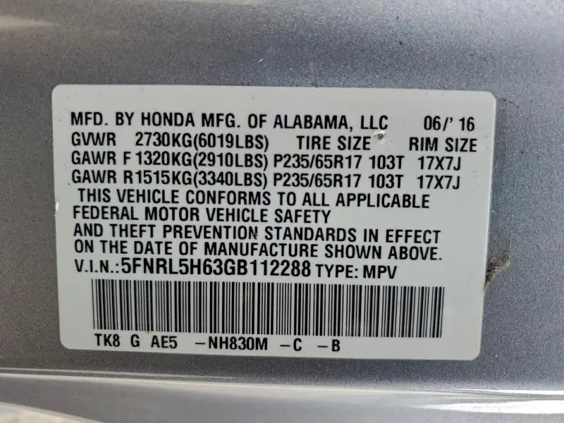 2016 HONDA ODYSSEY EXL  