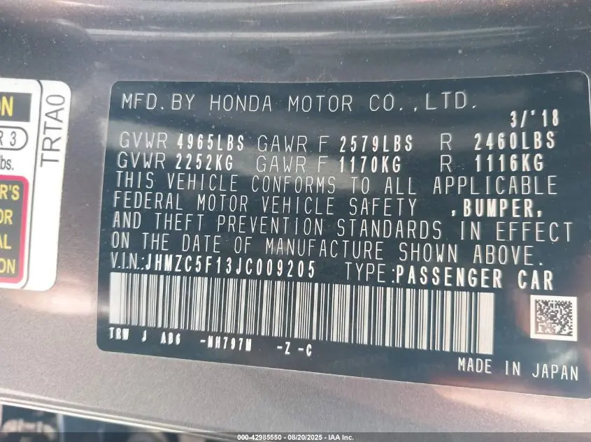 2018 HONDA CLARITY PLUG-IN HYBRID  