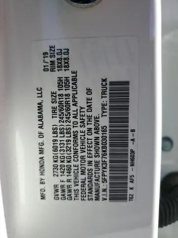 2019 HONDA RIDGELINE RTL  