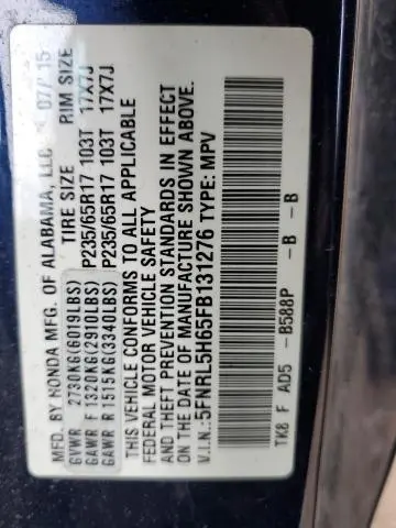 2015 HONDA ODYSSEY EXL  