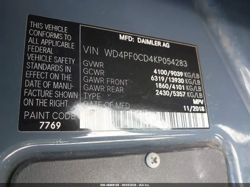 2019 MERCEDES-BENZ SPRINTER 2500 STANDARD ROOF V6