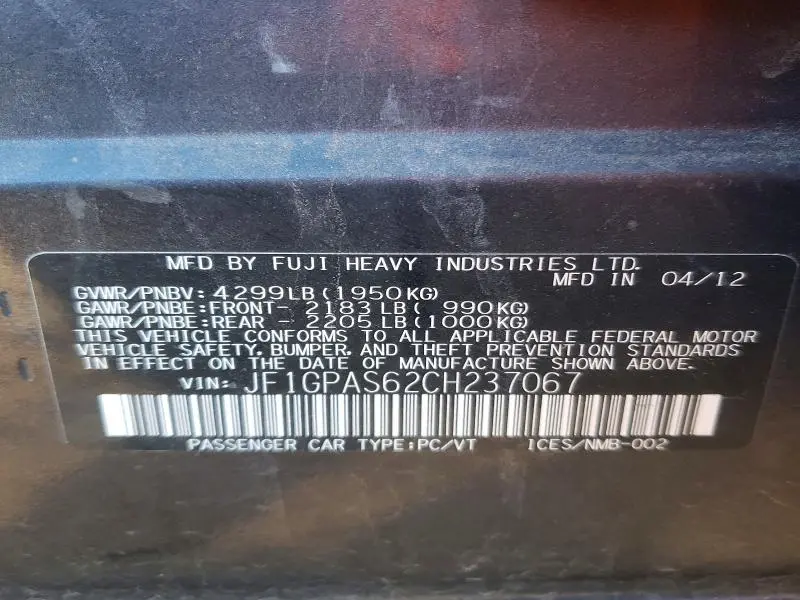 2012 SUBARU IMPREZA SPORT LIMITED  