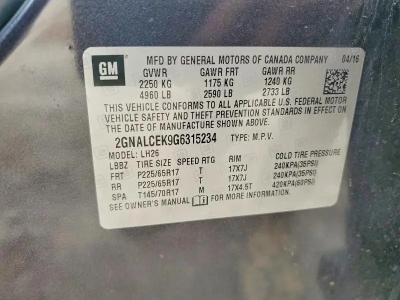 2016 CHEVROLET EQUINOX LT  