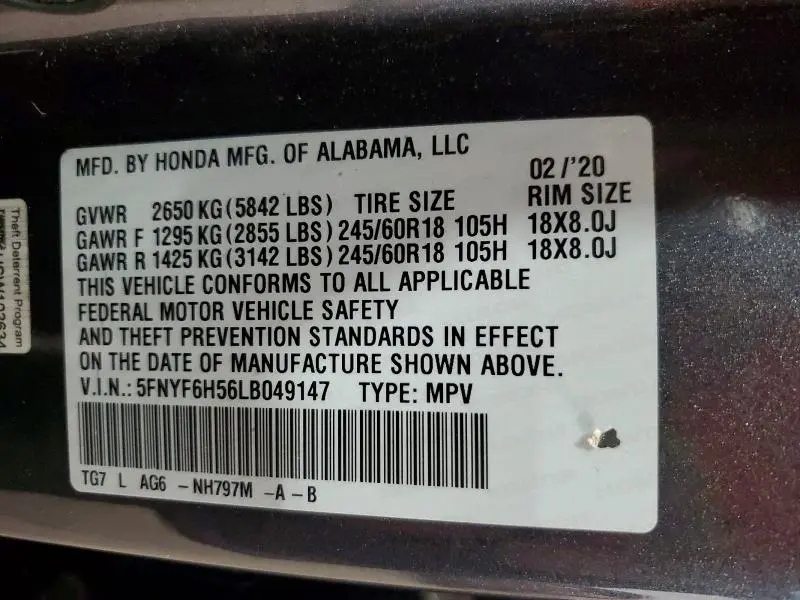 2020 HONDA PILOT EXL  
