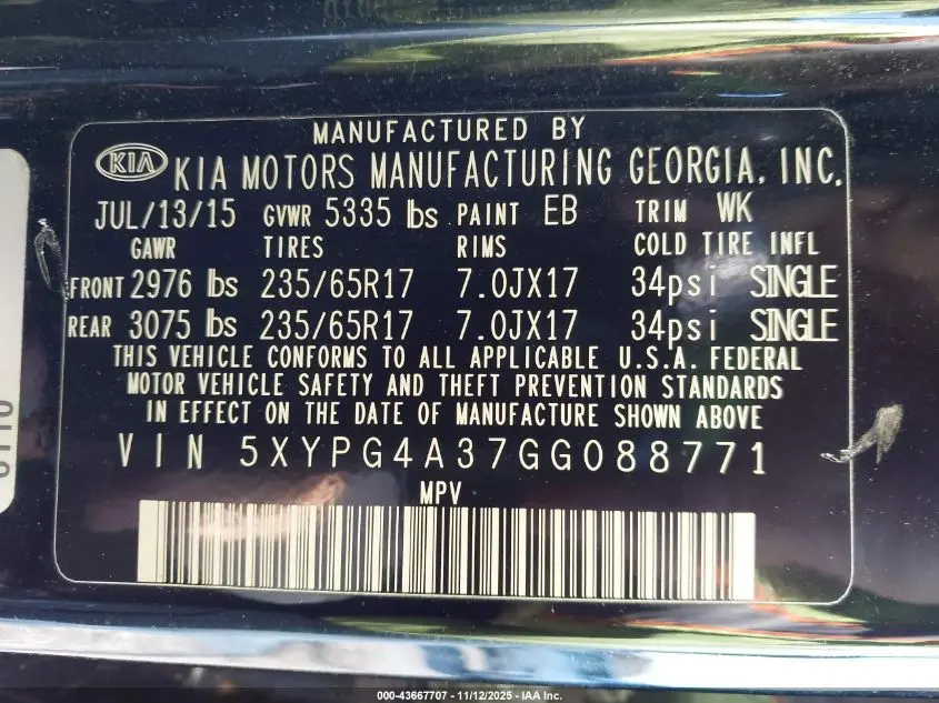 2016 KIA SORENTO 2.4L LX