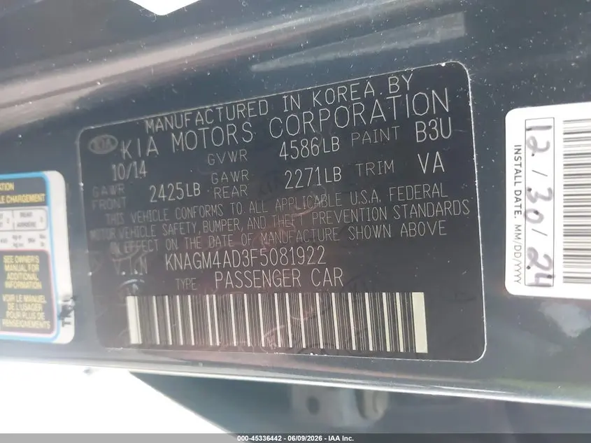 2015 KIA OPTIMA HYBRID  