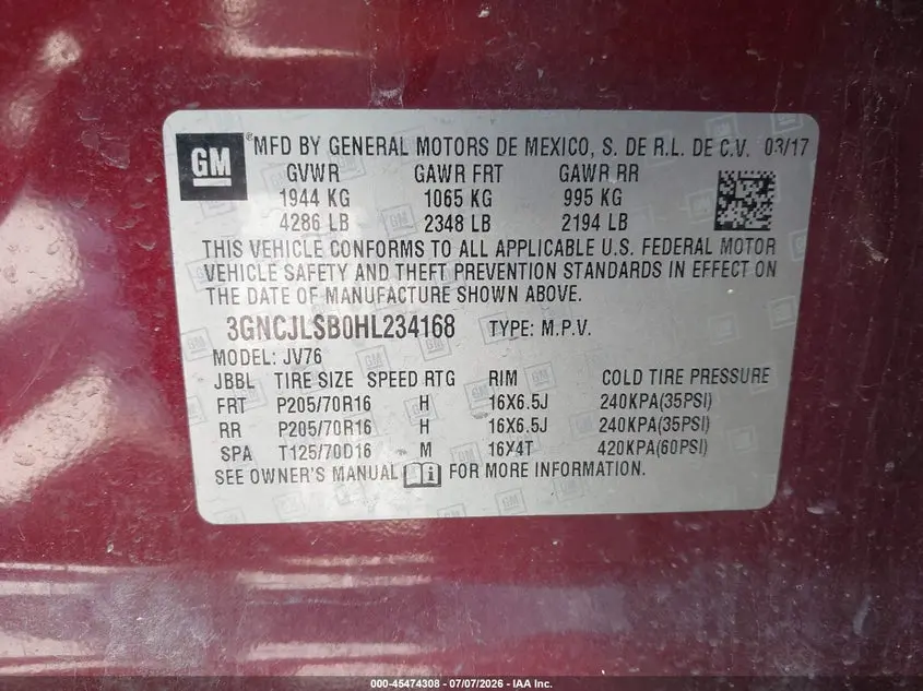 2017 CHEVROLET TRAX LT