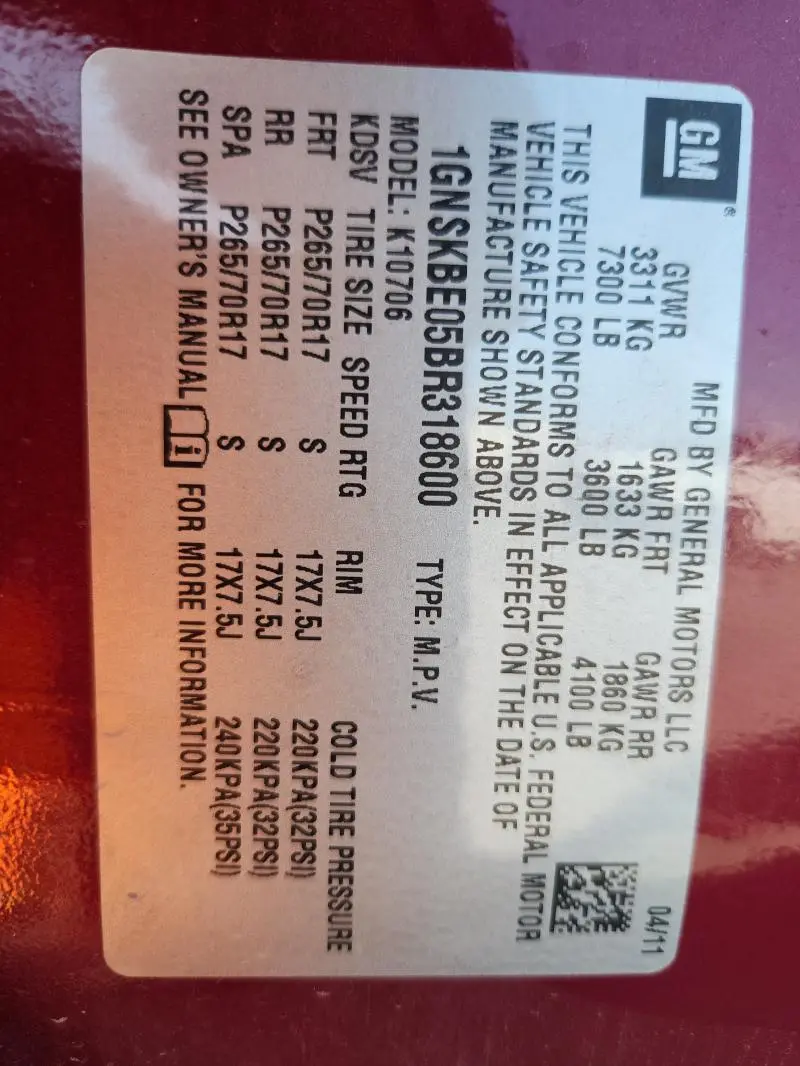 2011 CHEVROLET TAHOE K1500 LT  