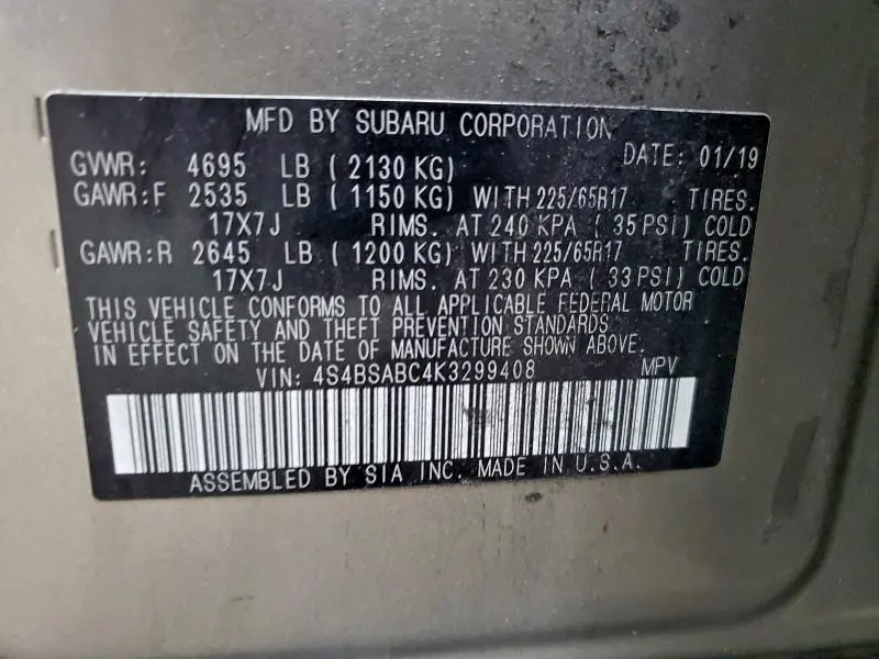 2019 SUBARU OUTBACK 2.5I  