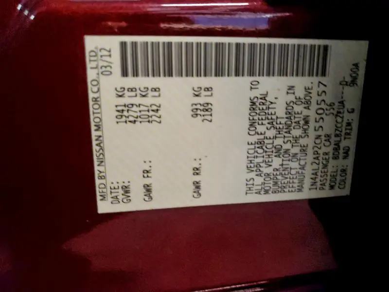 2012 NISSAN ALTIMA BASE  